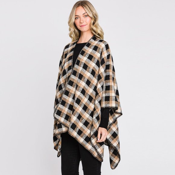 Plaid Check Patterned Ruana Poncho - Picture 2 of 2